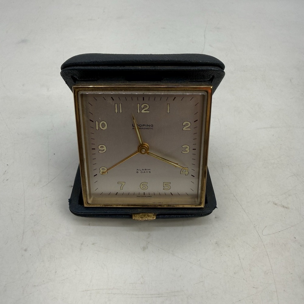 Vintage Looping 8 Days Travel Alarm Clock 15 Jewel Swiss Mechanical Leather Case